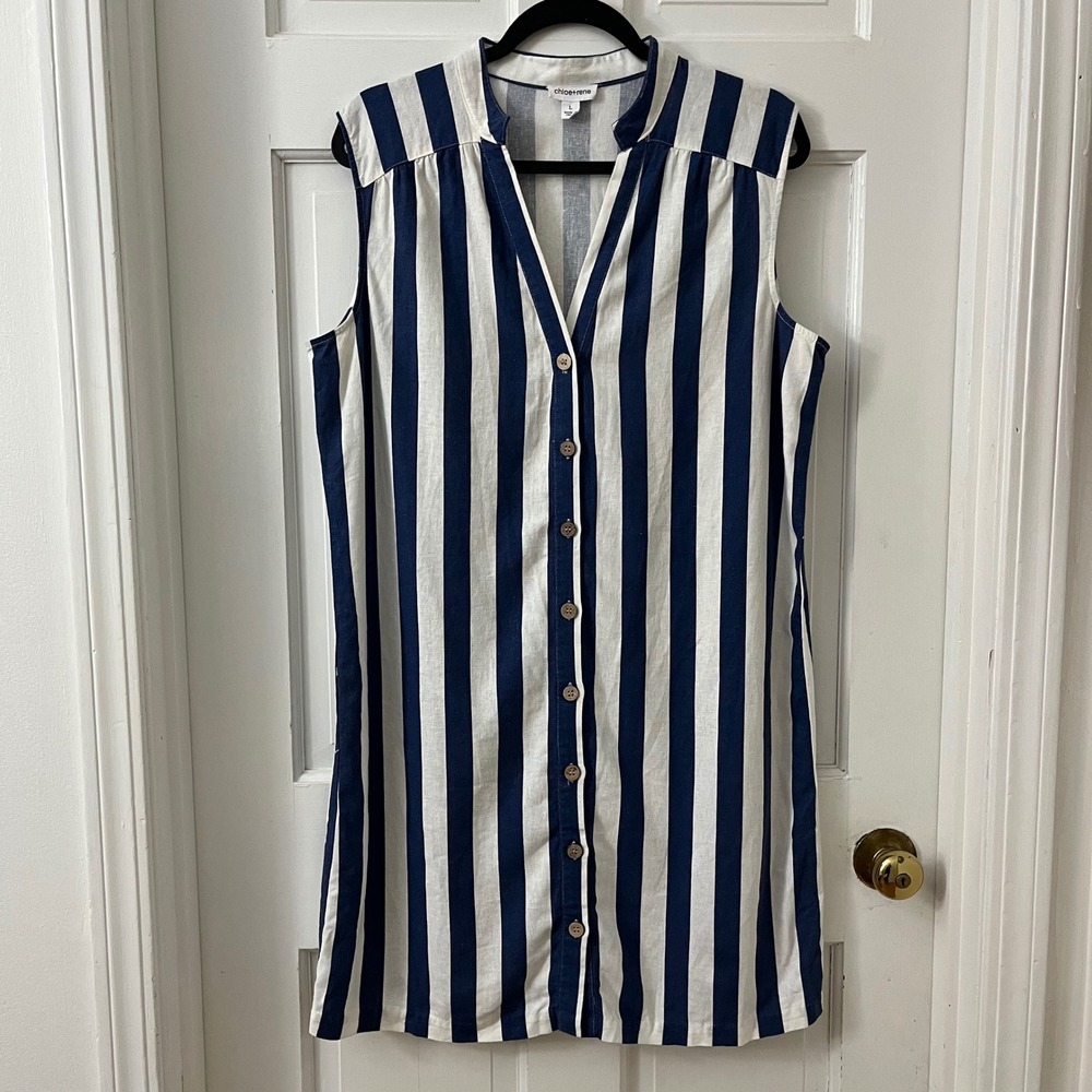 Chloe + Rene Linene Blend Shirt Dress L Striped Sleeveless Nautical Coastal Chic